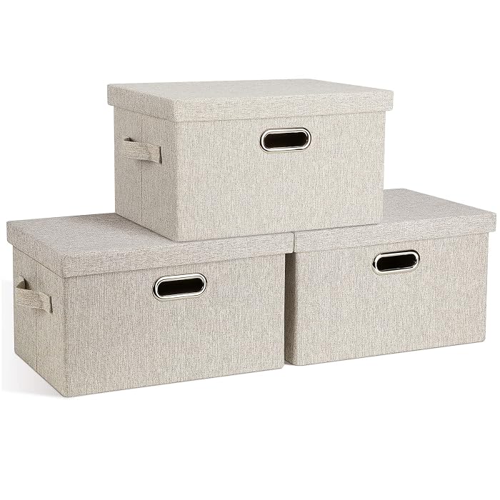 SONGMICS Storage Boxes with Lids, 3-Pack (Linen Look)